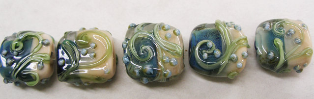 Lampwork Beads -TRELLIS SWIRLS,Salmon and Dusty Blue - HandMade LampWork Glass Beads By Kathleen Robinson-Young (set of 5beads)